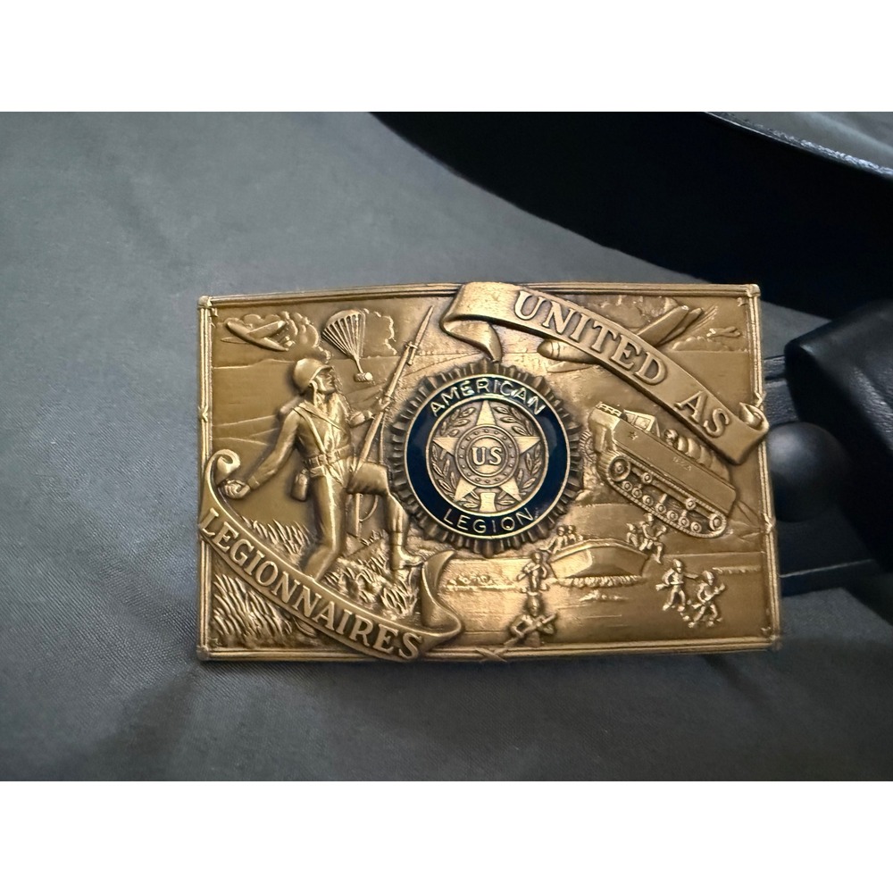 Boston Leather American Legion Belt Mens 42 Black Brass Buckle United As USA Mad